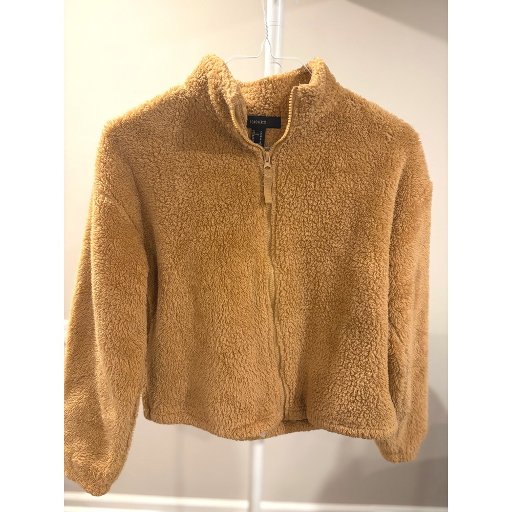 Cozy Fall Cottage Cabin Autumn Camel Teddy Jacket Cropped Zip Up Sherpa Fleece M